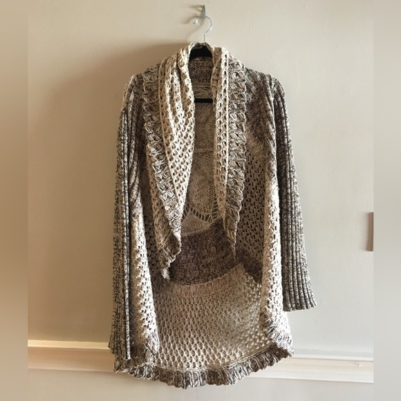 Fabulous cotton blend oversized crocheted Tribal brown/white sweater/jacket Sz L - Picture 2 of 6